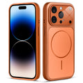 Front and back view of orange MagSafe back cover fitted on iPhone 14 Pro showing slim profile and precise cutouts.
