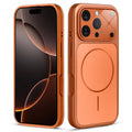 Front and back view of orange MagSafe back cover fitted on iPhone 16 Pro showing slim profile and precise cutouts.