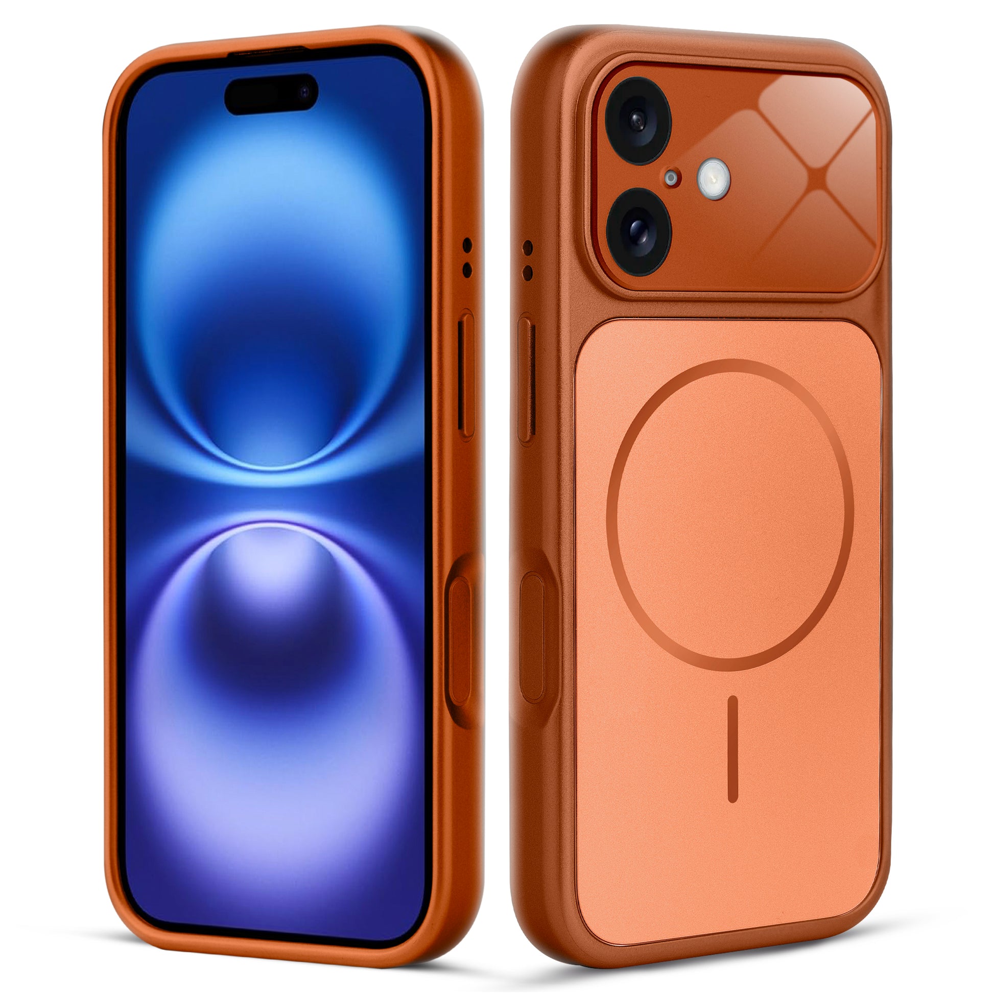 Anti-fingerprint smudge-free orange MagSafe back cover for iPhone 16 with matte finish.