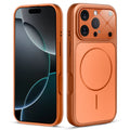 Front and back view of orange MagSafe back cover fitted on iPhone 16 Pro Max showing slim profile and precise cutouts.