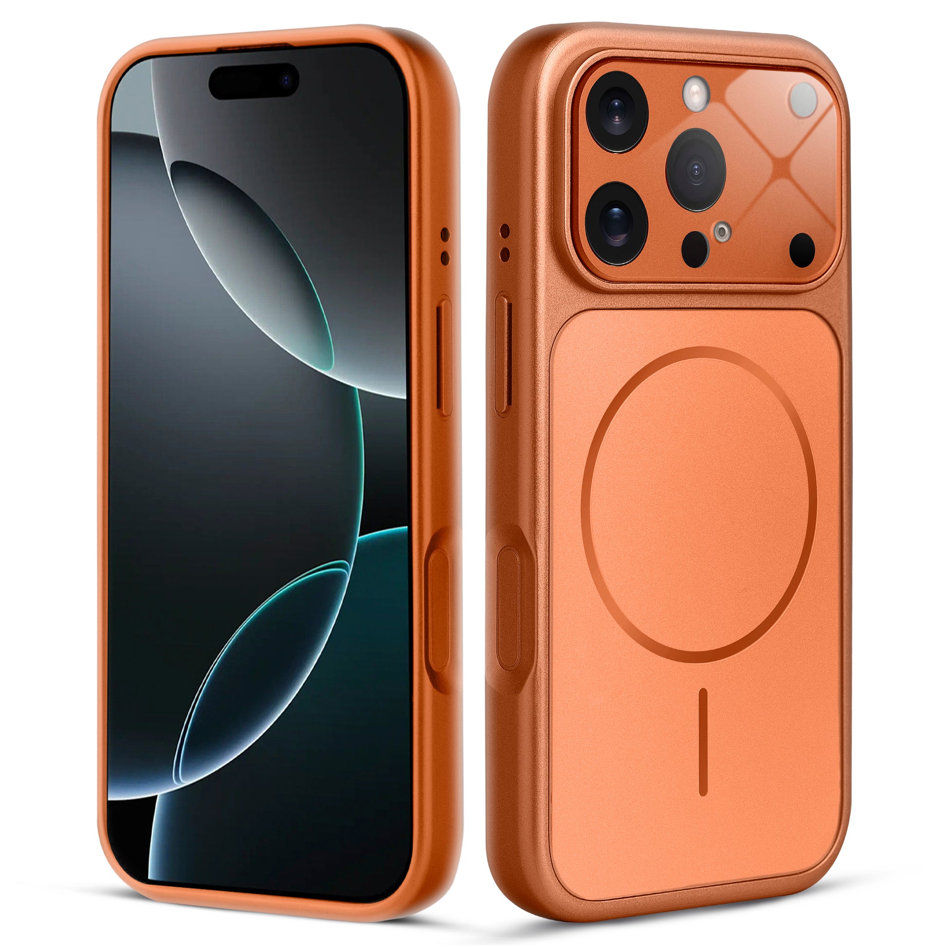Front and back view of orange MagSafe back cover fitted on iPhone 16 Pro Max showing slim profile and precise cutouts.