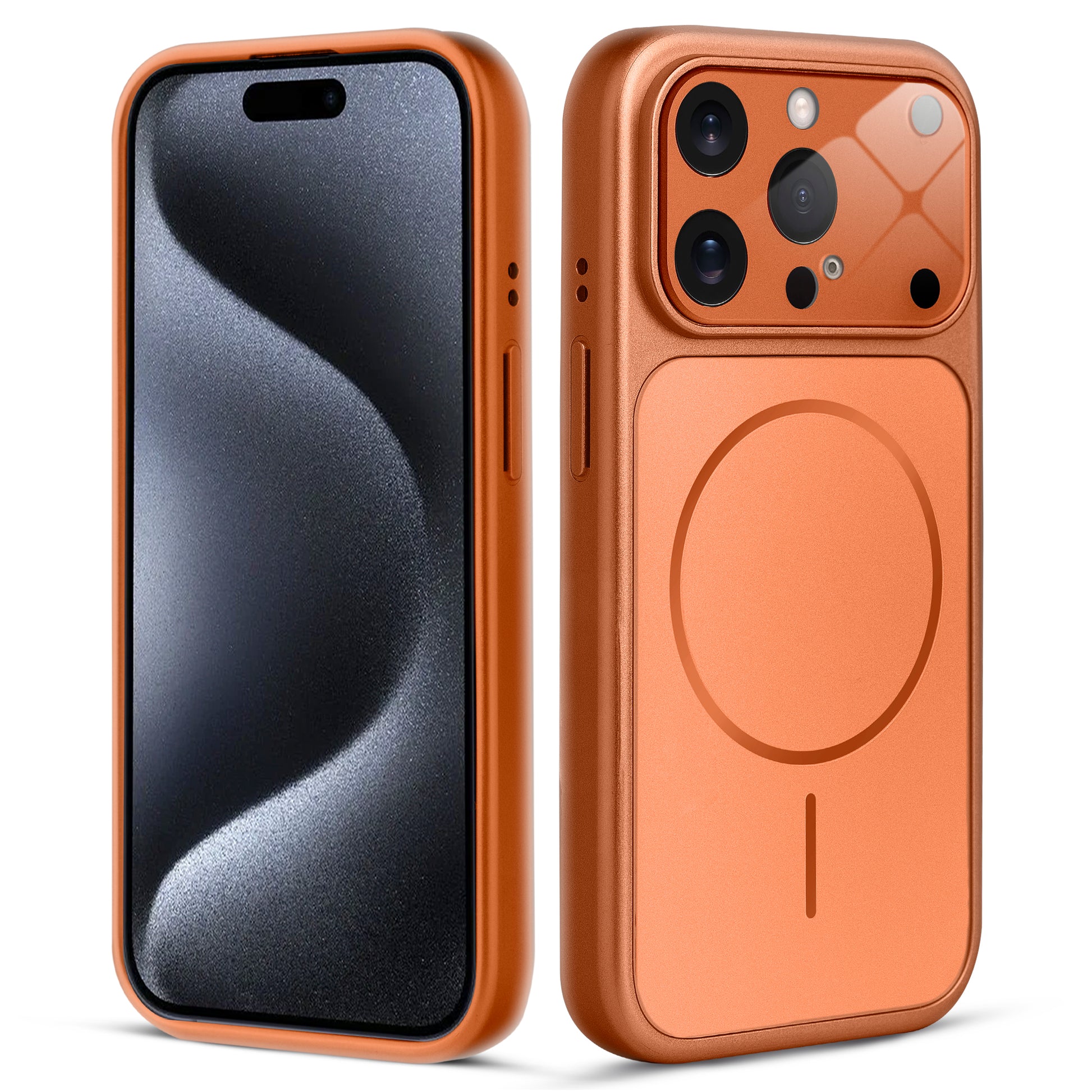 Front and back view of orange MagSafe back cover fitted on iPhone 15 Pro Max showing slim profile and precise cutouts.