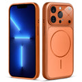 Front and back view of orange MagSafe back cover fitted on iPhone 13 Pro showing slim profile and precise cutouts.