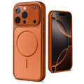 Back view of orange MagSafe back cover for iPhone 16 Pro highlighting magnetic ring design and camera protection.