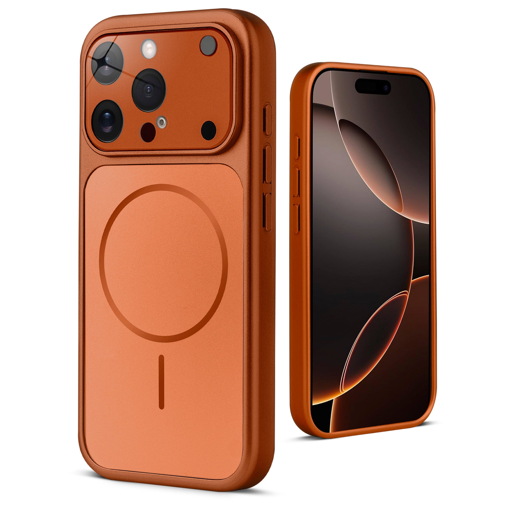 Back view of orange MagSafe back cover for iPhone 16 Pro highlighting magnetic ring design and camera protection.