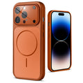 Back view of orange MagSafe back cover for iPhone 14 Pro highlighting magnetic ring design and camera protection.