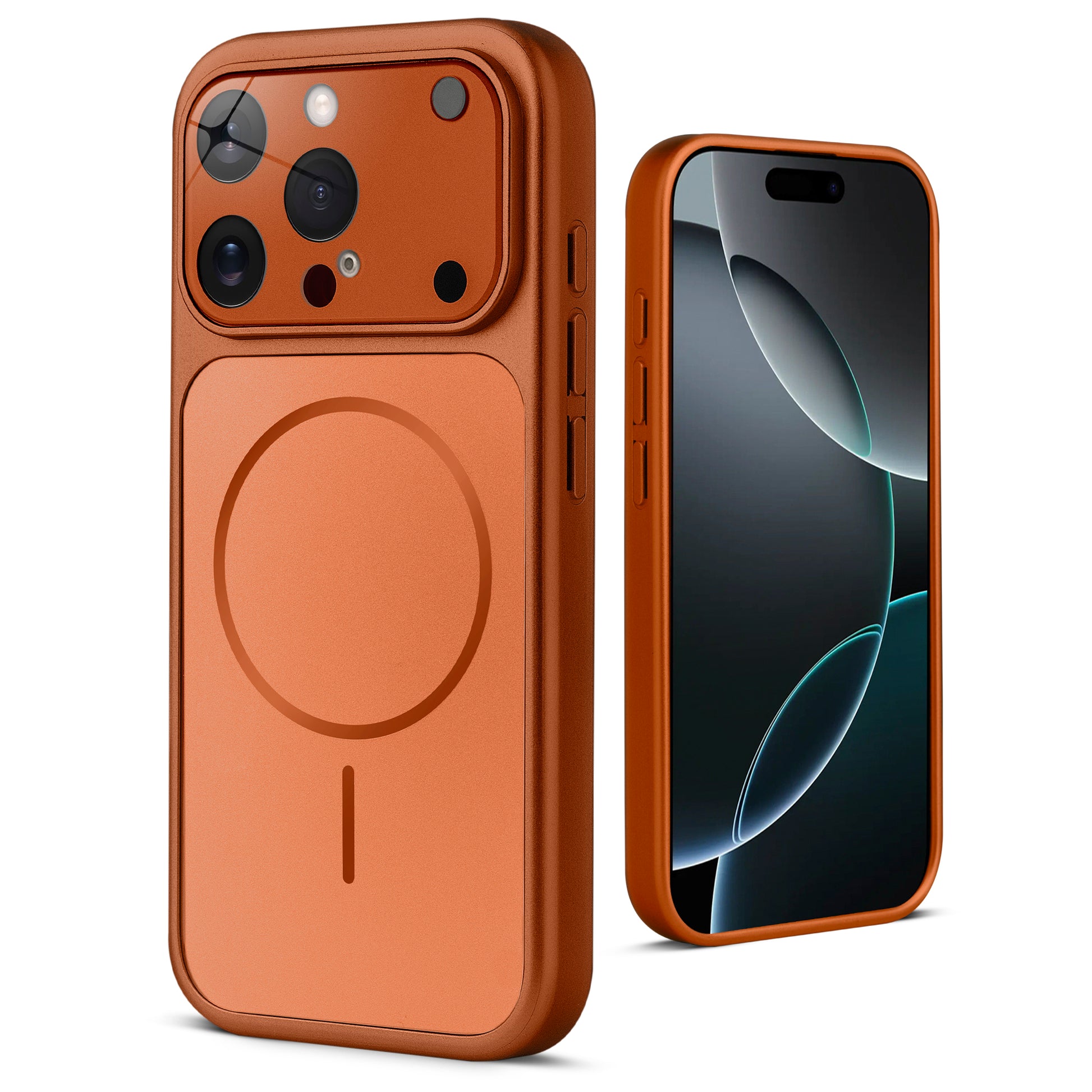 Back view of orange MagSafe back cover for iPhone 16 Pro Max highlighting magnetic ring design and camera protection.