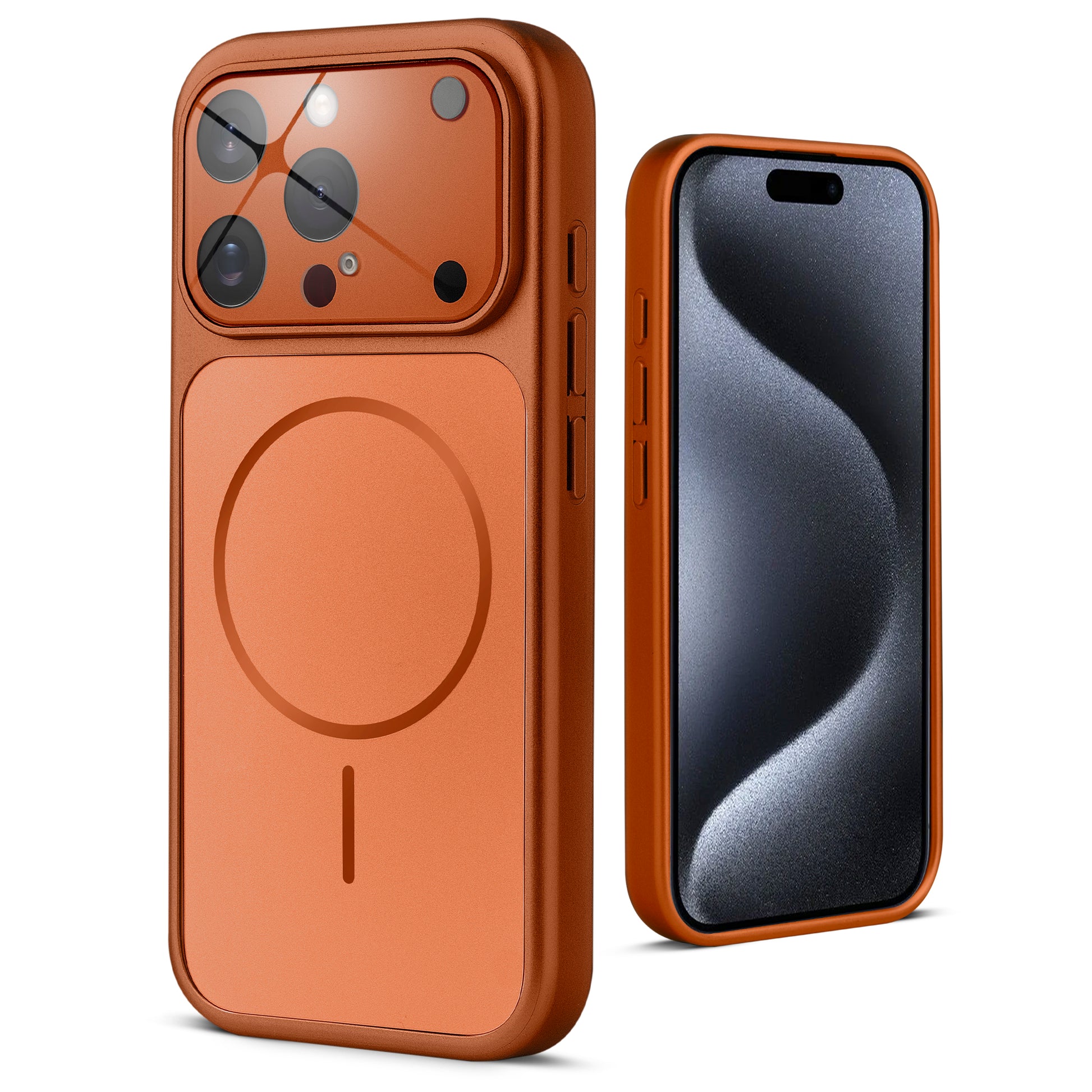 Back view of orange MagSafe back cover for iPhone 15 Pro highlighting magnetic ring design and camera protection.