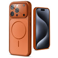 Back view of orange MagSafe back cover for iPhone 15 Pro Max highlighting magnetic ring design and camera protection.