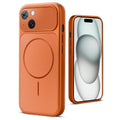 Back view of orange MagSafe back cover for iPhone 15 highlighting magnetic ring design and camera protection.