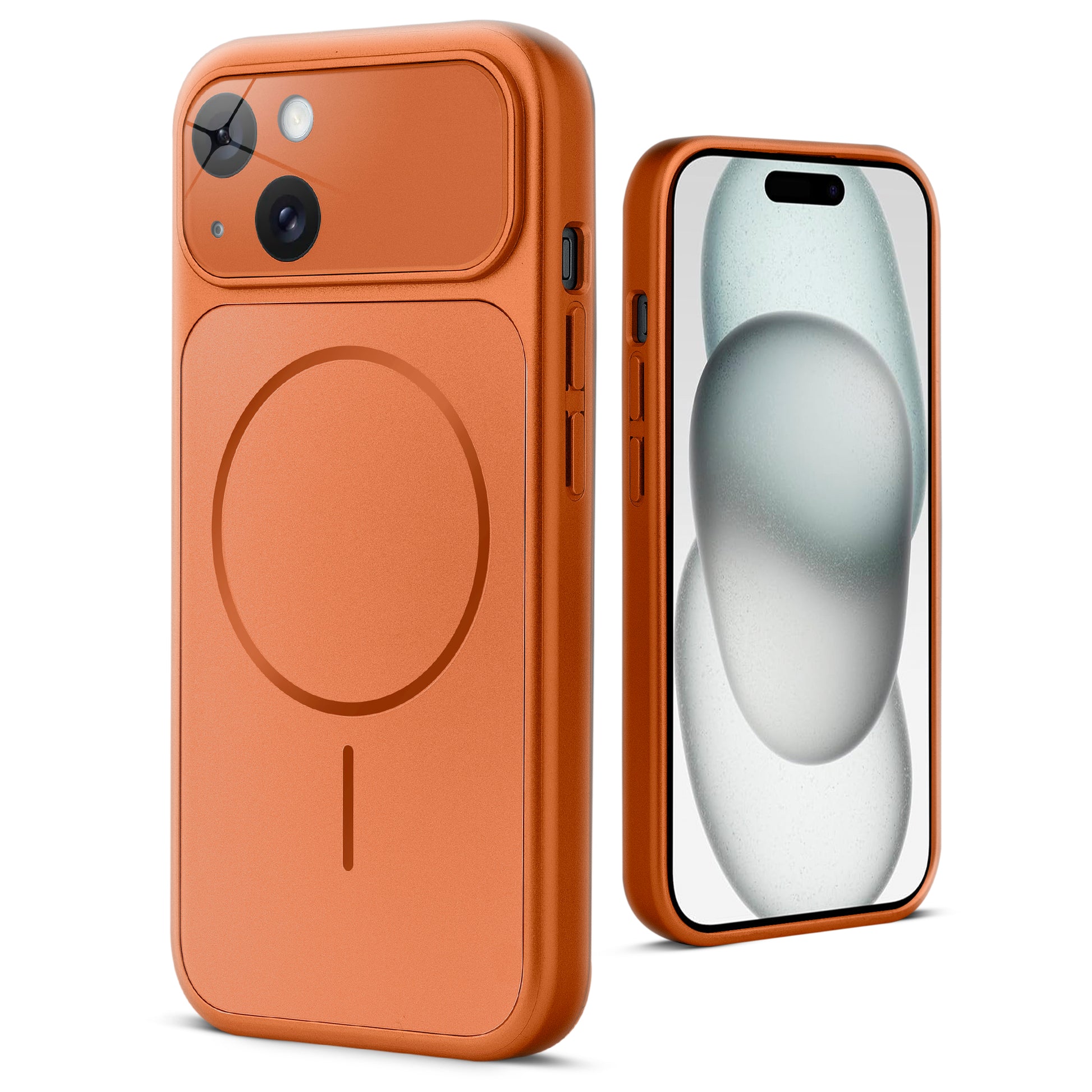 Back view of orange MagSafe back cover for iPhone 15 highlighting magnetic ring design and camera protection.