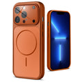 Back view of orange MagSafe back cover for iPhone 13 Pro highlighting magnetic ring design and camera protection.