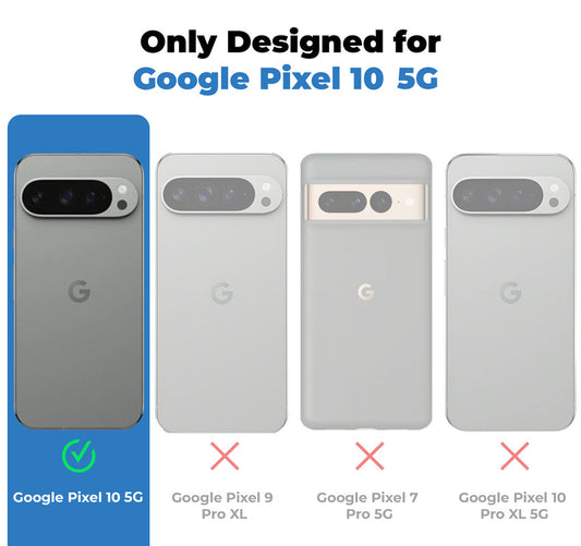Clear hard back case compatibility guide showing fit for Google Pixel 10 5G and not compatible with other models