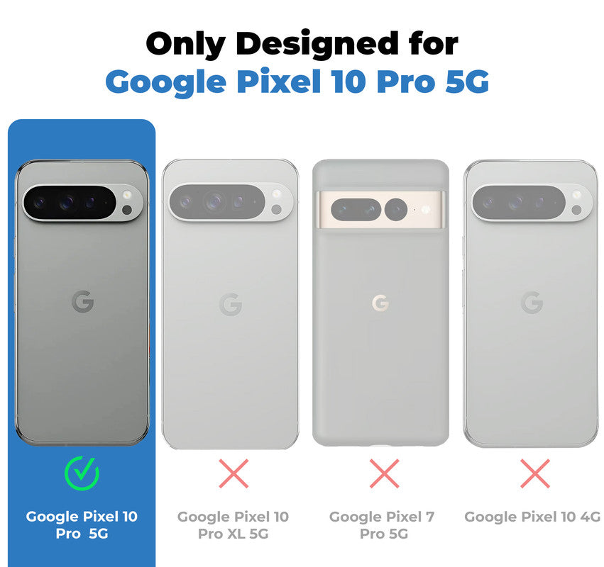 Clear hard back case compatibility guide showing fit for Google Pixel 10 Pro 5G and not compatible with other models