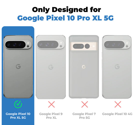 Clear hard back case compatibility guide showing fit for Google Pixel 10 Pro XL 5G and not compatible with other models