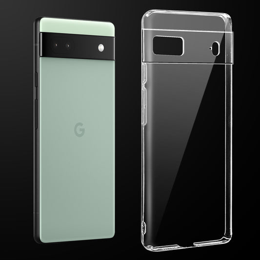 Transparent anti-yellow hard back case fitted on Google Pixel 6 showing full back coverage and camera protection