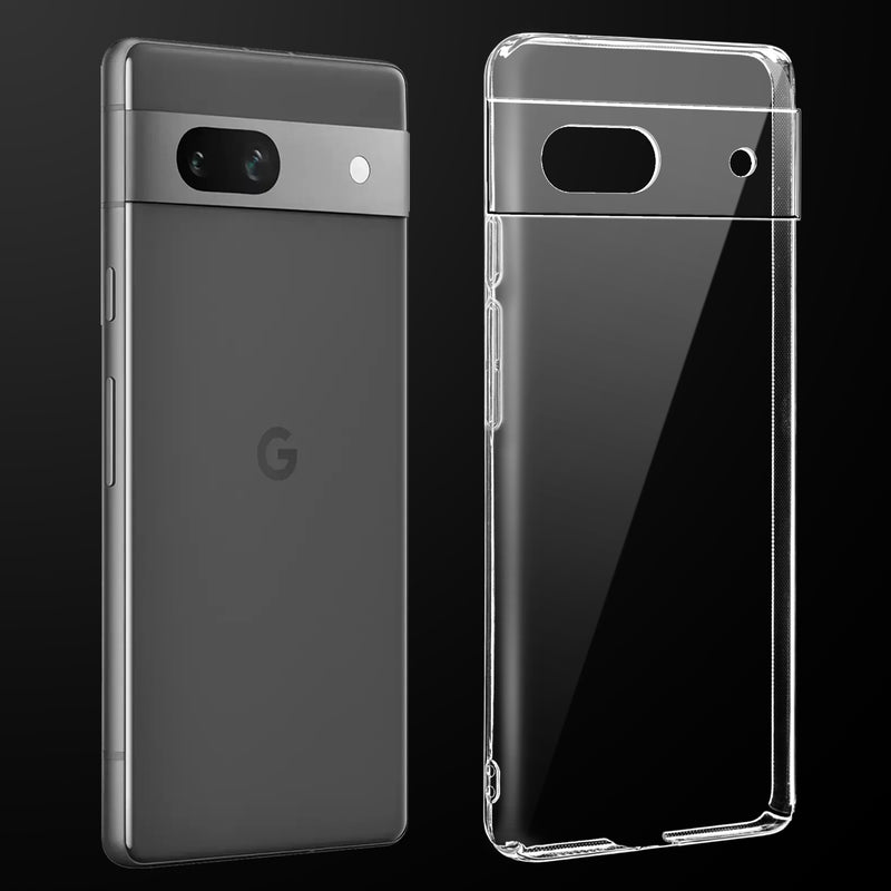 Transparent anti-yellow hard back case fitted on Google Pixel 7A showing full back coverage and camera protection