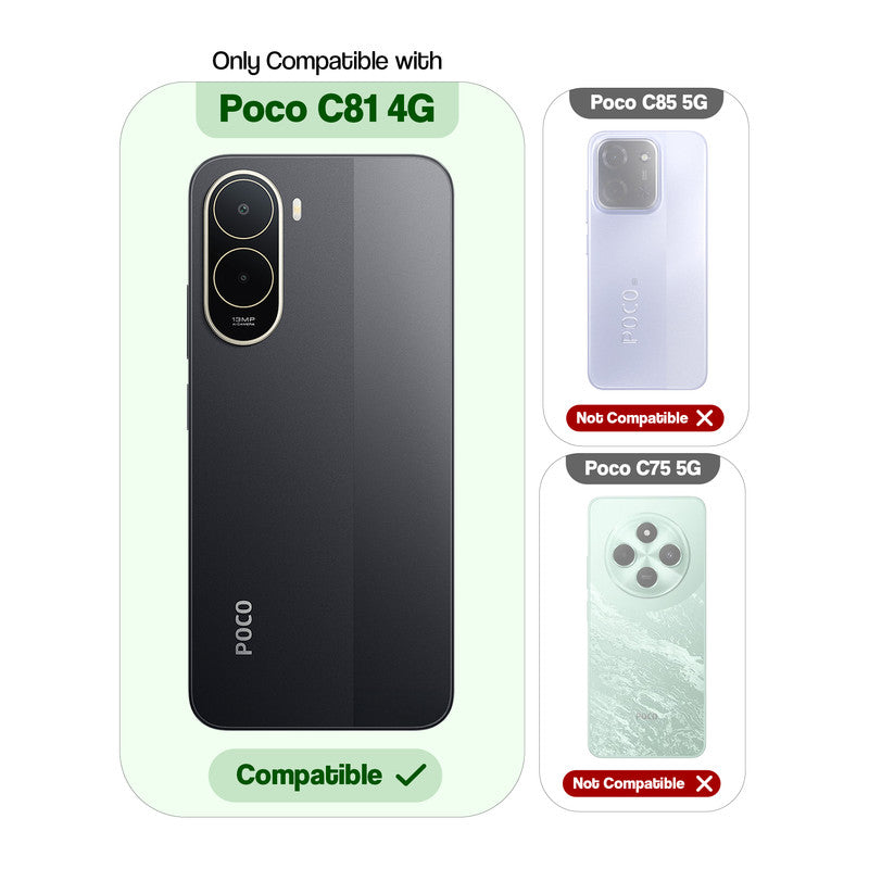 Compatibility comparison image showing Poco C81 4G supported, while other models are not compatible.