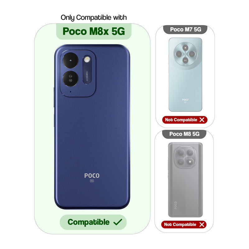 Compatibility comparison image showing Poco M8x 5G supported, while other models are not compatible.