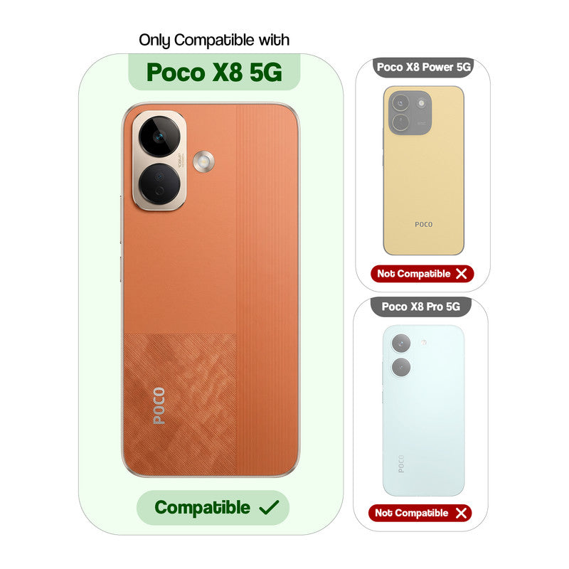 Compatibility comparison image showing POCO X8 5G supported, while other models are not compatible.