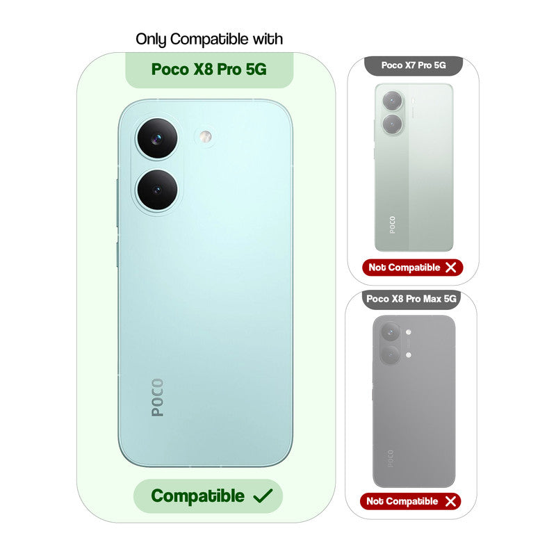 Compatibility comparison image showing Poco X8 Pro 5G supported, while other models are not compatible.