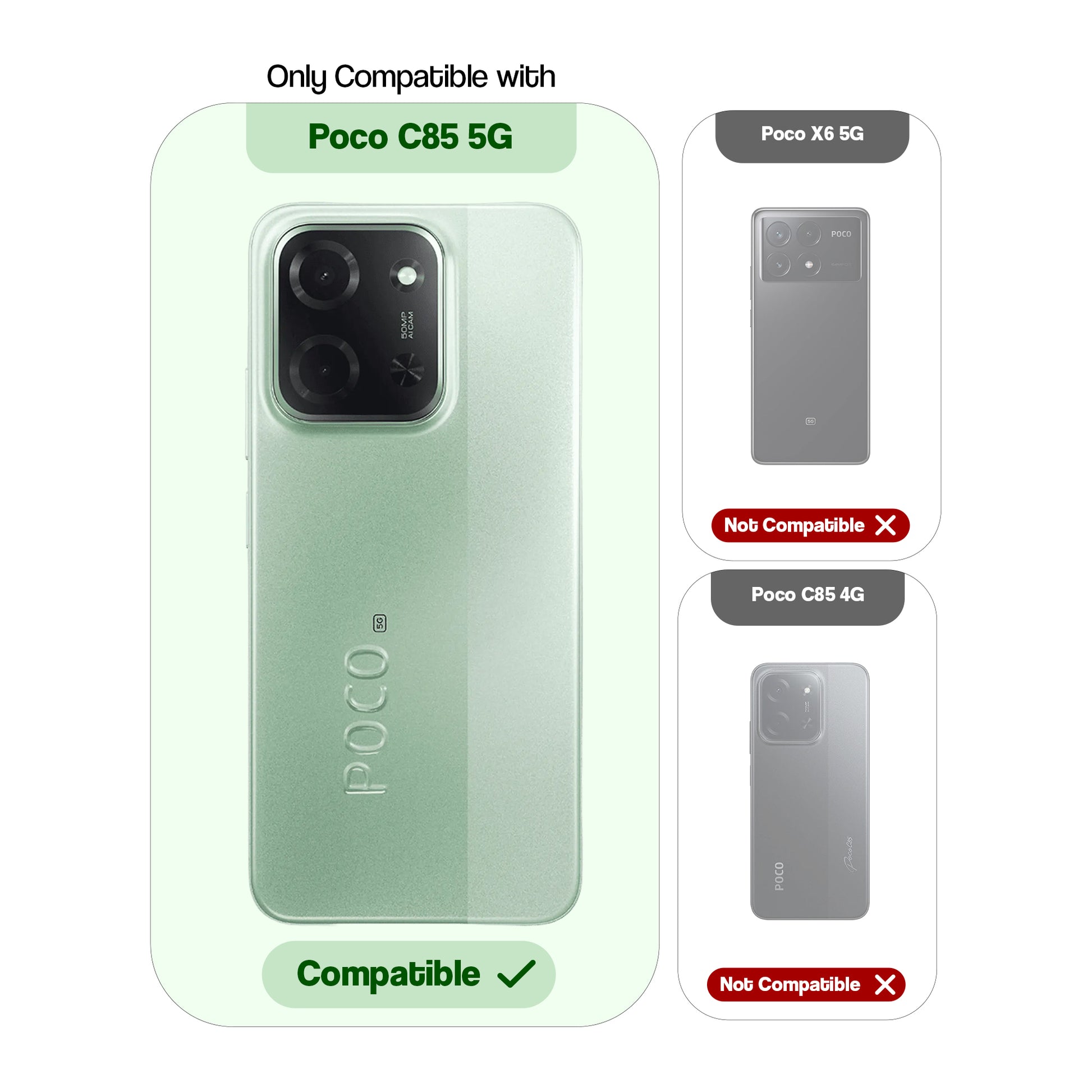 Compatibility guide showing the back cover designed only for Poco C85 5G.