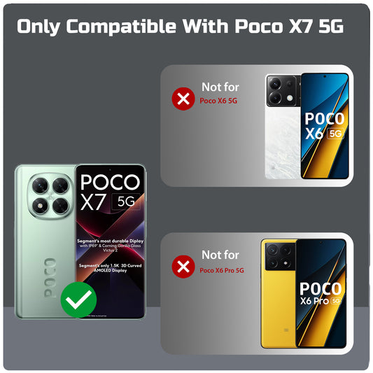Clear hard back case compatibility guide showing fit for Poco X7 5G and not compatible with other models