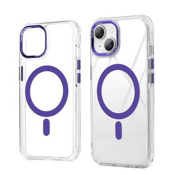 Premium Crystal Clear Hard Back Case For Apple iPhone 15 with Strong Wireless Charging Support Magnet & Colored Metal finish Ring Camera Protection