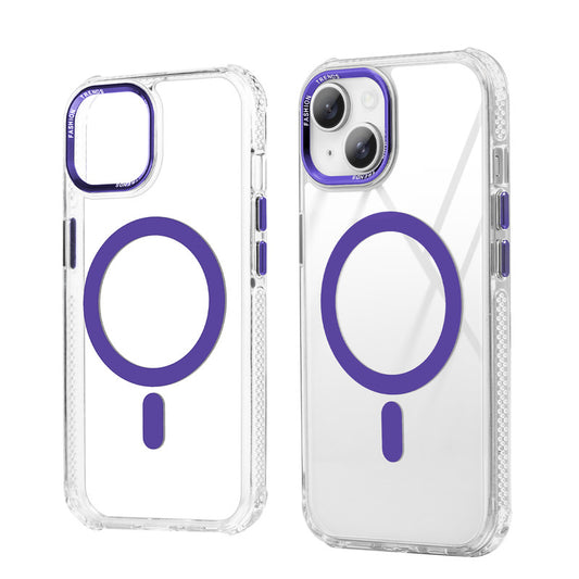 Premium Crystal Clear Hard Back Case For Apple iPhone 14 with Strong MagSafe Magnet & Colored Metal finish Ring Camera Protection