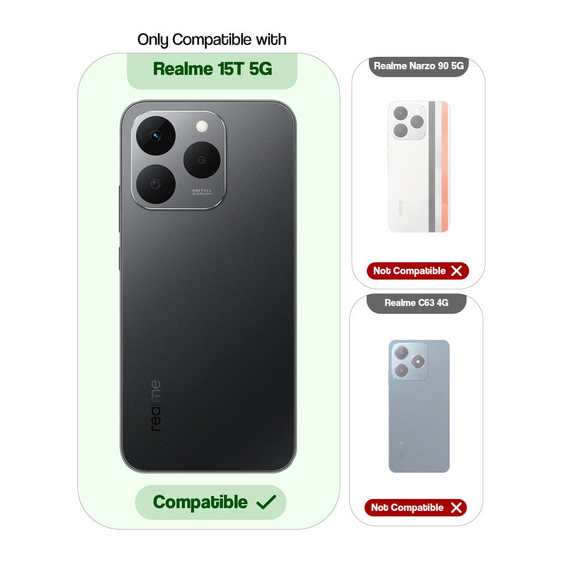 Compatibility guide showing the back cover designed only for Realme 15T 5G.