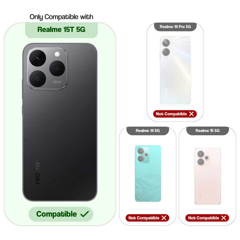 Compatibility comparison image showing Realme 15T 5Gsupported, while other models are not compatible.