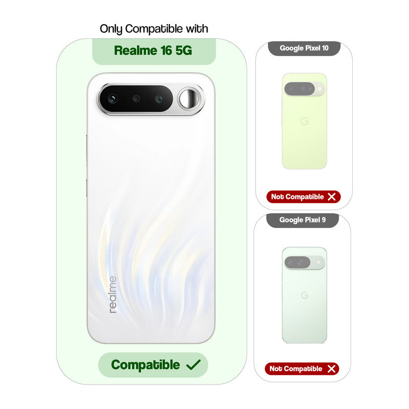 Clear hard back case compatibility guide showing fit for Realme 16 5G and not compatible with other models