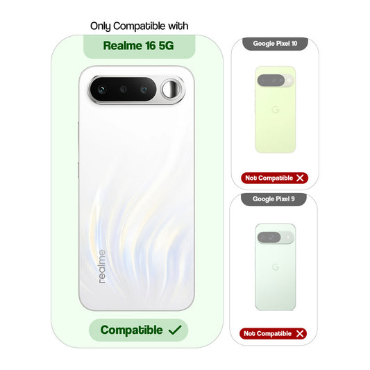 Clear hard back case compatibility guide showing fit for Realme 16 5G and not compatible with other models