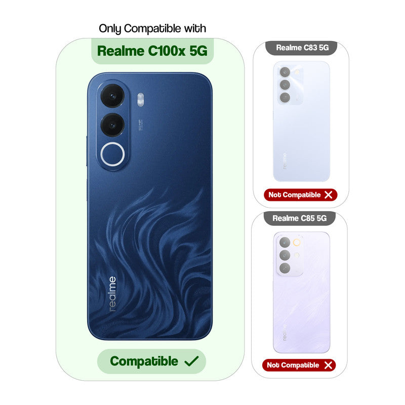 Compatibility guide showing the back cover designed only for Realme C100x 5G.