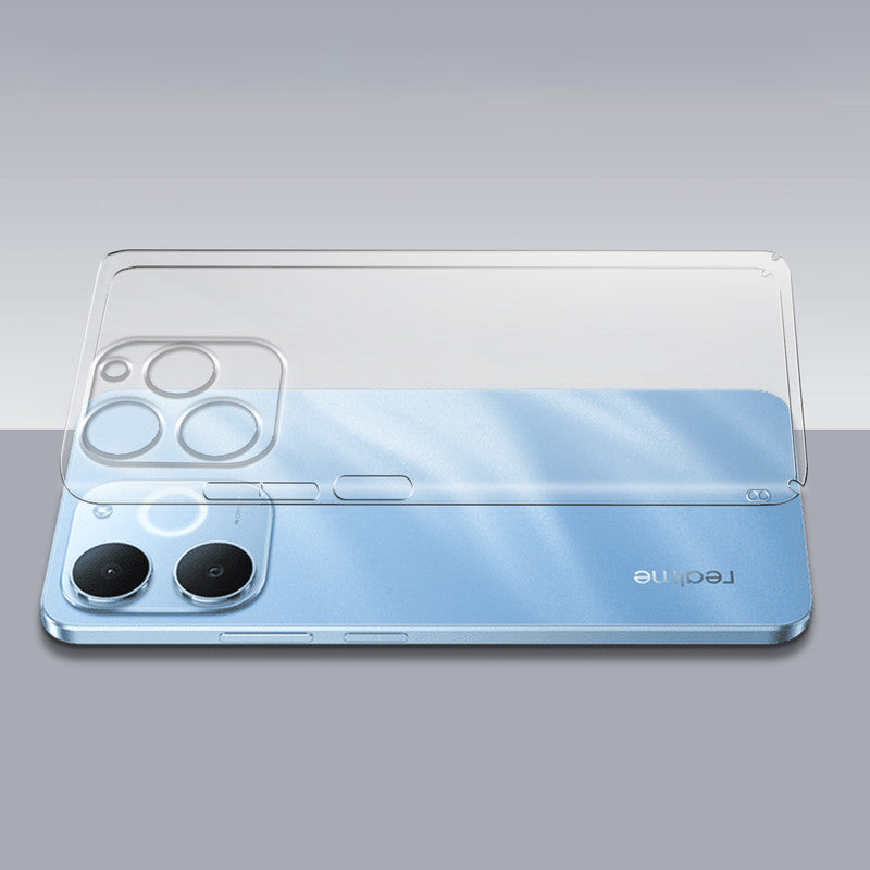 Transparent hard back case being installed on Realme C71 4G showing perfect alignment and camera protection fit