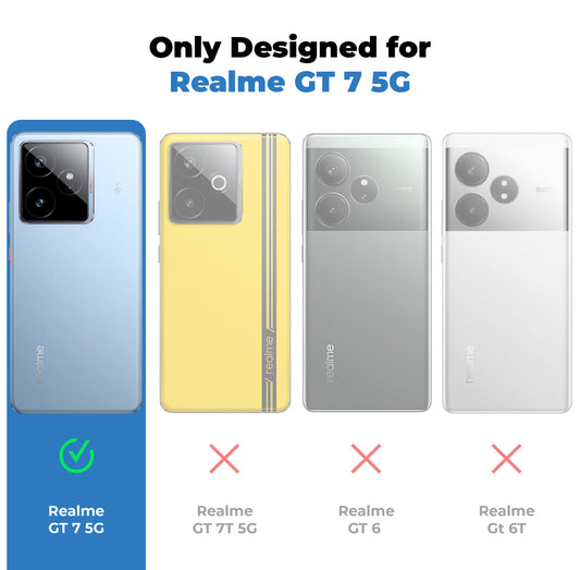 Clear hard back case compatibility guide showing fit for Realme GT 7 5G and not compatible with other models