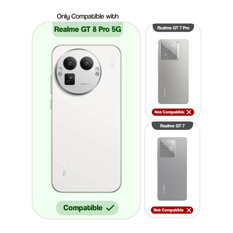 Clear hard back case compatibility guide showing fit for Realme GT 8 Pro 5G and not compatible with other models