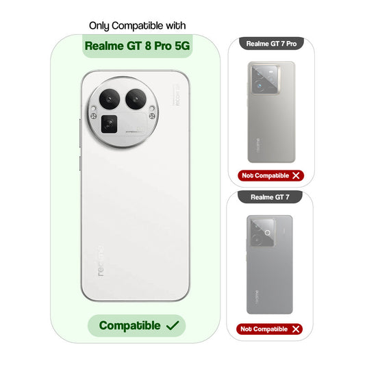 Clear hard back case compatibility guide showing fit for Realme GT 8 Pro 5G and not compatible with other models