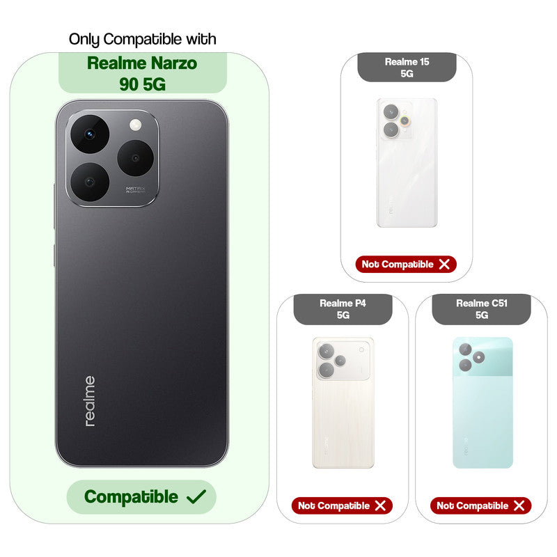 Compatibility guide showing the back cover designed only for Realme Narzo 90 5G.