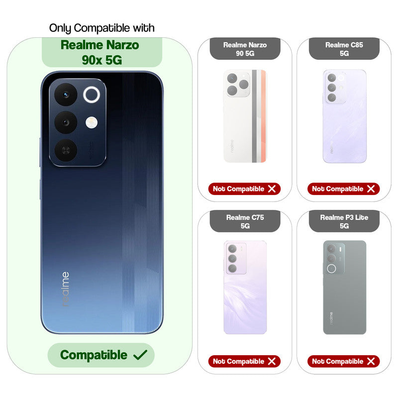Compatibility guide showing the back cover designed only for Realme Narzo 90x 5G.