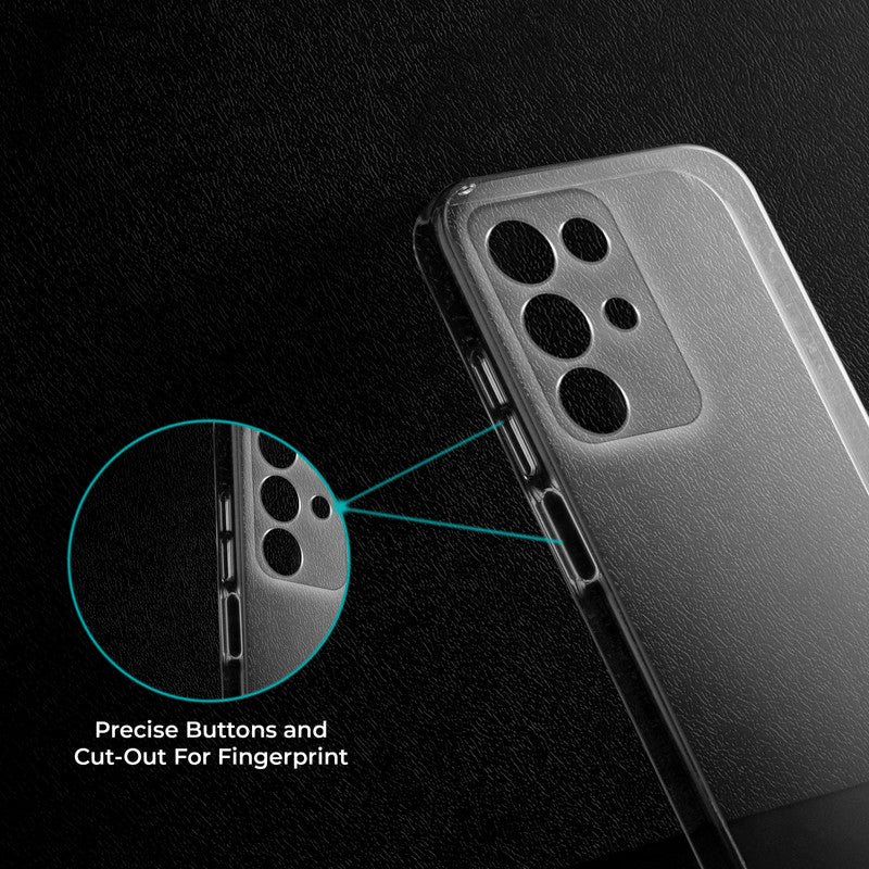 Close-up view of transparent case showing precise button cutouts and responsive side button coverage for Realme Narzo 90x 5G