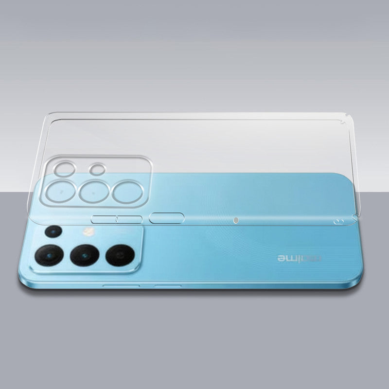 Transparent hard back case being installed on Realme Narzo 90x 5G showing perfect alignment and camera protection fit