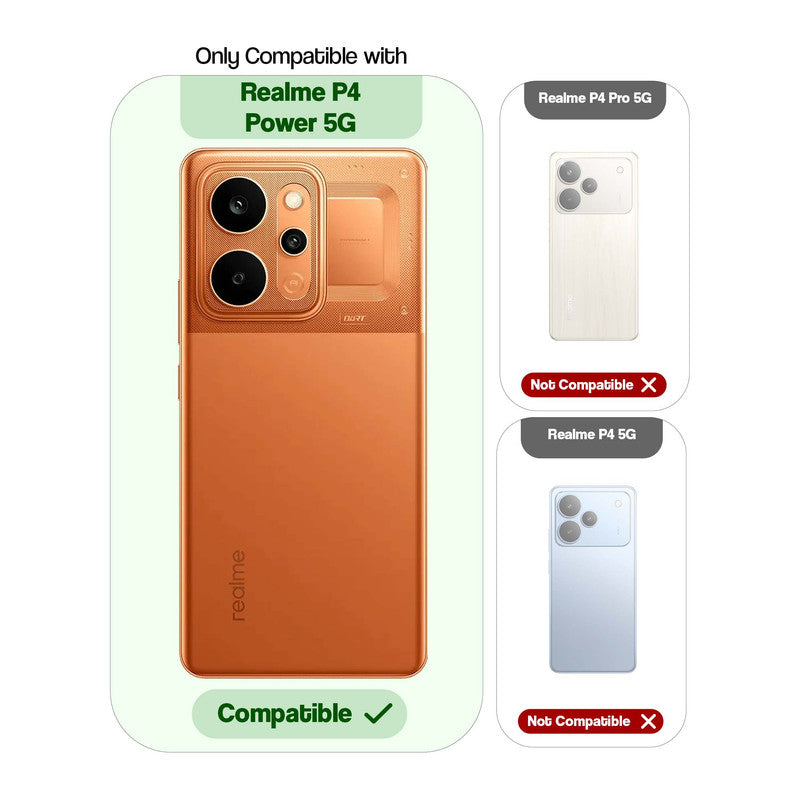 Clear hard back case compatibility guide showing fit for Realme P4 Power 5G and not compatible with other models