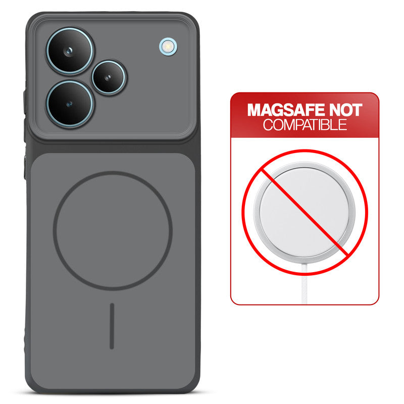 Dual tone silicone Black phone cover for Realme P4 Pro 5G showing wireless charging not supported notice