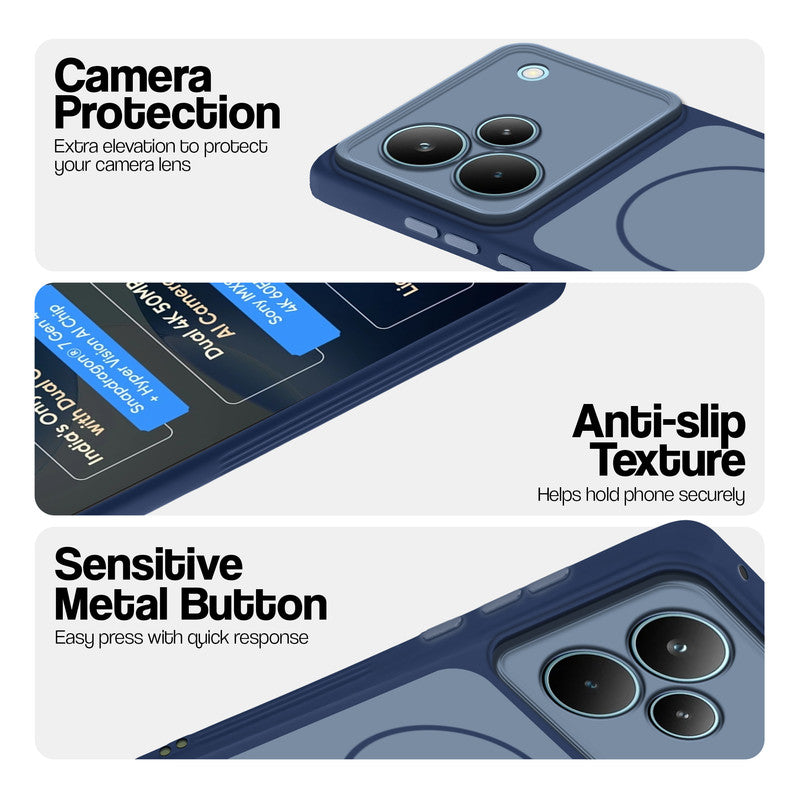 Blue Phone case for Realme P4 Pro 5G highlighting raised camera protection, anti-slip texture, and responsive side buttons