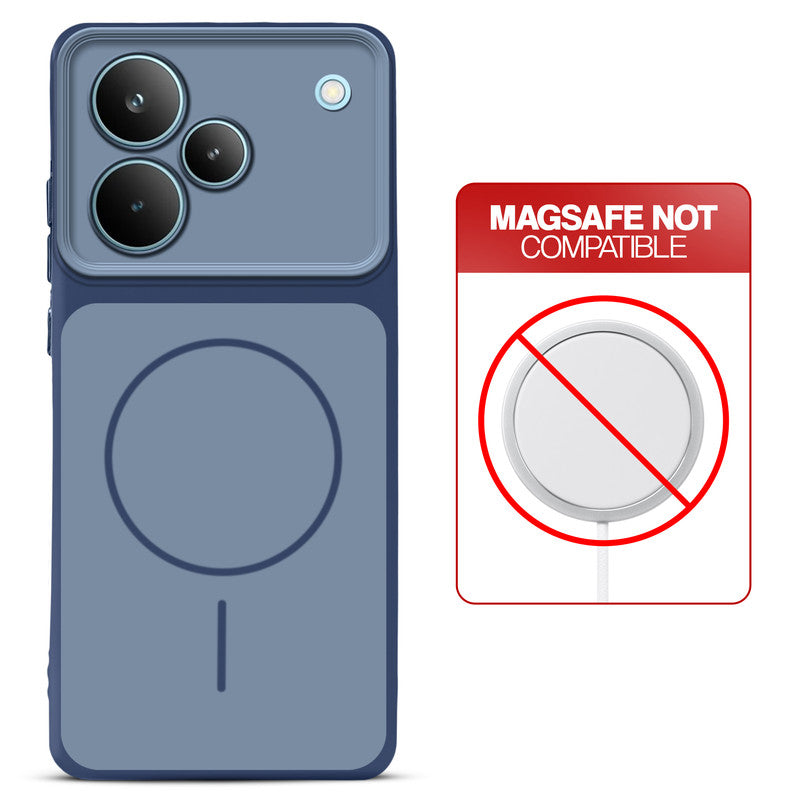 Dual tone silicone Blue phone cover for Realme P4 Pro 5G showing wireless charging not supported notice