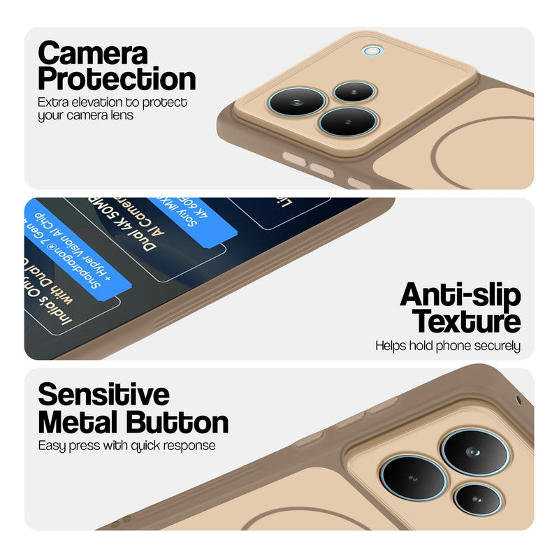 Brown Phone case for Realme P4 Pro 5G highlighting raised camera protection, anti-slip texture, and responsive side buttons