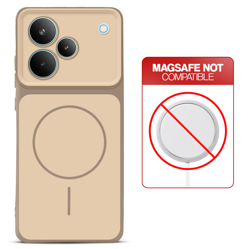 Dual tone silicone Brown phone cover for Realme P4 Pro 5G showing wireless charging not supported notice