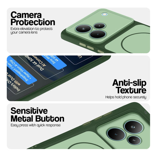 Green Phone case for Realme P4 Pro 5G highlighting raised camera protection, anti-slip texture, and responsive side buttons