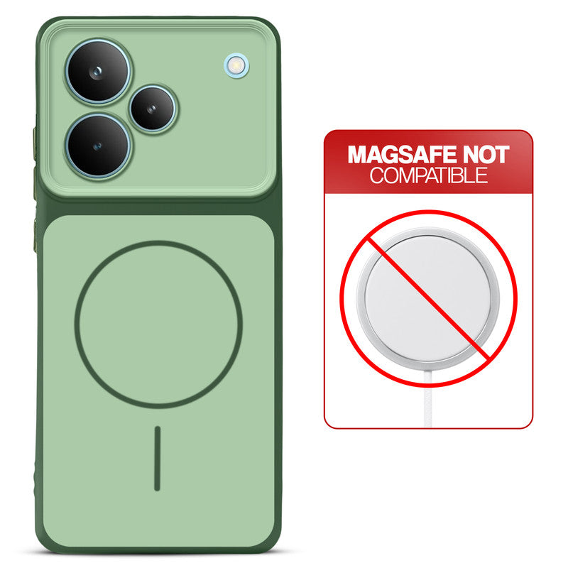 Dual tone silicone Green phone cover for Realme P4 Pro 5G showing wireless charging not supported notice